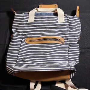A New Day Blue & White Striped Backpack Faux Leather Trim Gold Hardware